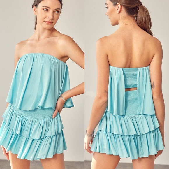 Strapless Ruffle Romper Dress - Milky Blue - Picture 1 of 6